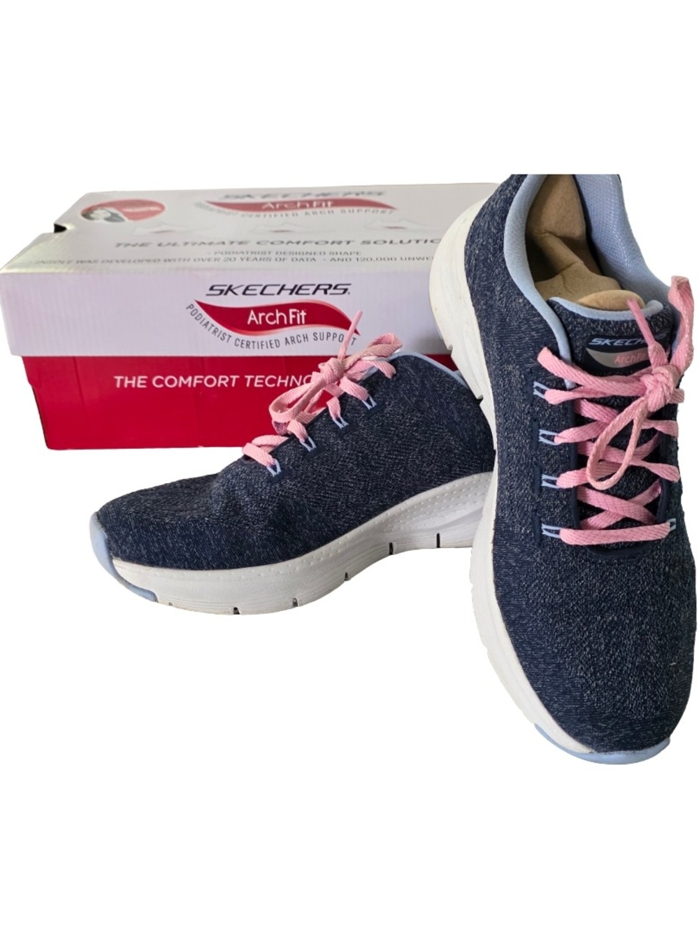 Skechers Arch Fit Navy Knit Women's Sneakers with Pink Laces In Size 8.5